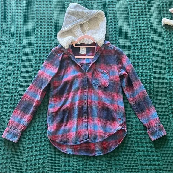 American Eagle Outfitters Tops American Eagle Plaid Flannel Shirt With Faux Fur Lined Hood 0 Cotton Body Poshmark